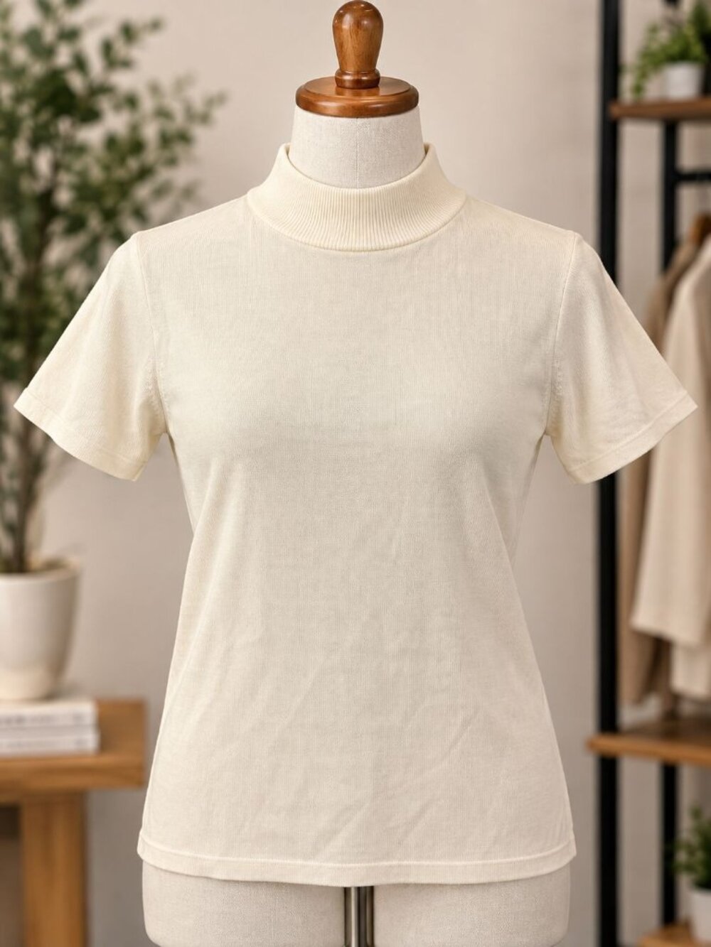 Vintage Kevo M Silk 2-ply Knit Mock Neck Sweater Ivory Minimalist Layers Preppy